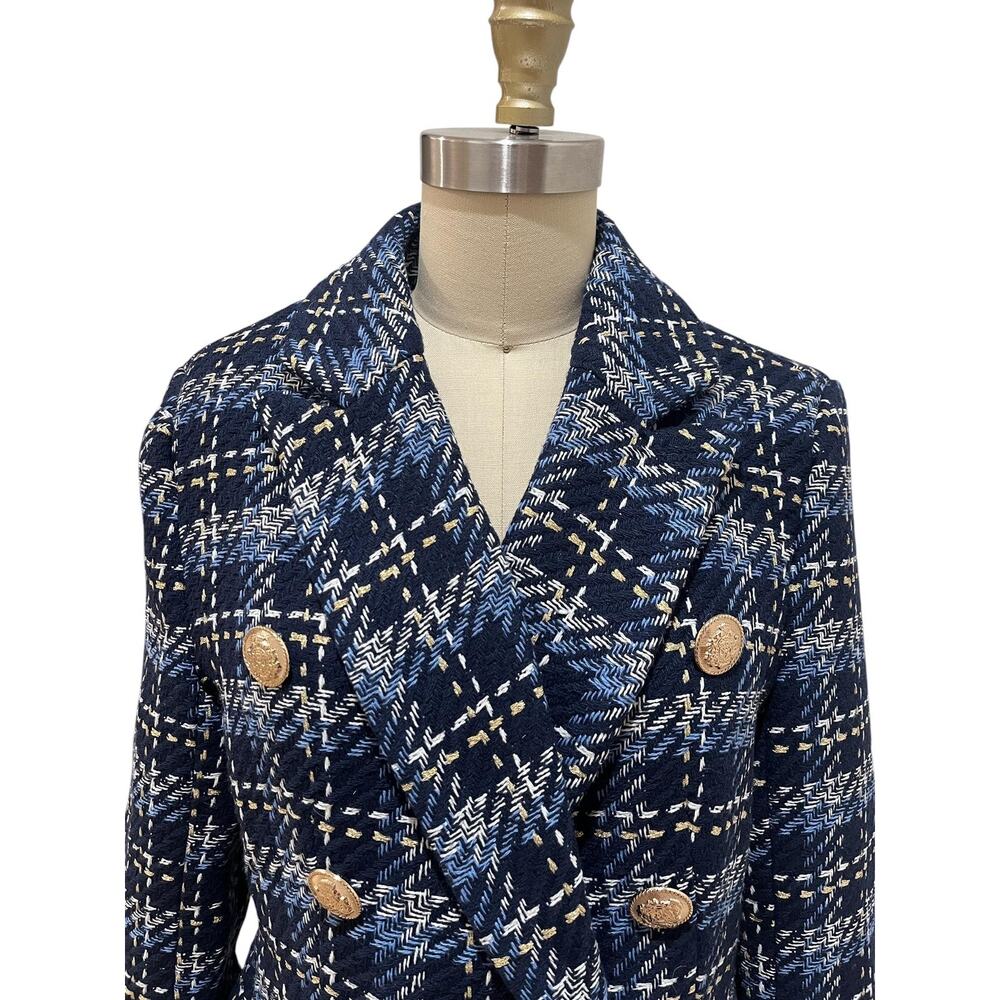 Boston Proper Blazer Womens Size 10 Blue Plaid Tweed Gold Button Double Breasted - Picture 7 of 13